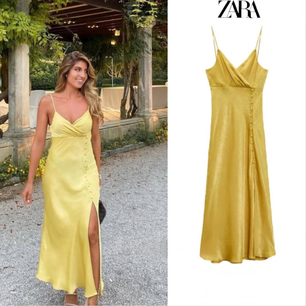 Zara Yellow Satin Slip Dress With Front Buttons